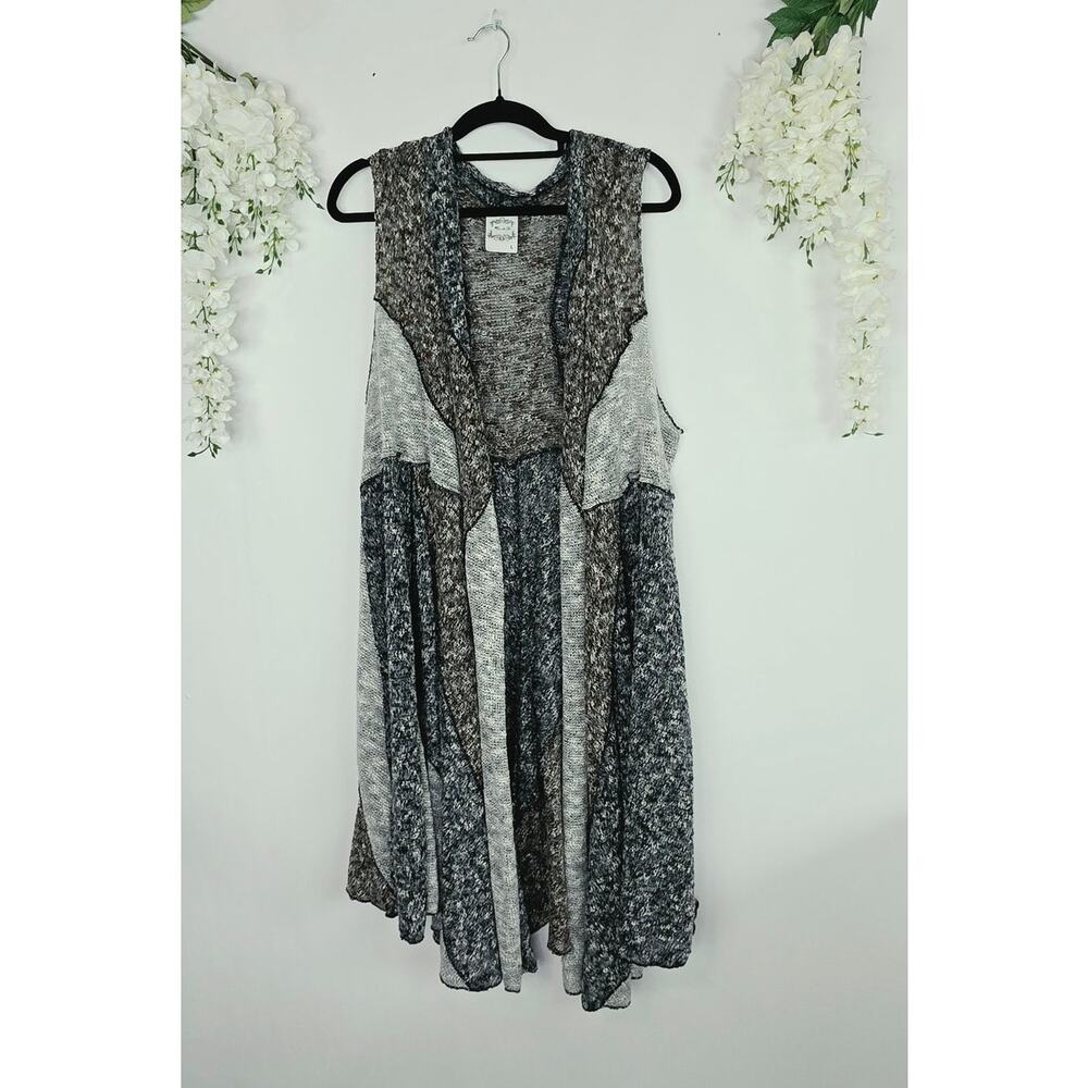 Lagenlook Open Knit Duster Vest Large Wool Blend Gray Marled Waterfall Boho - Picture 10 of 15